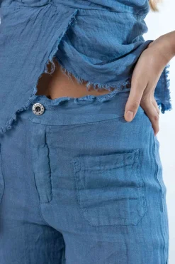Pantalón 100% Lino Desflecado Azul
