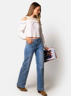 Pantalón Vaquero Desflecado Recto Azul