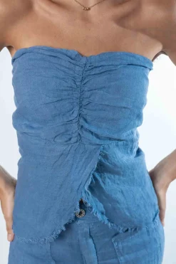 Top 100% Lino Desflecado Azul