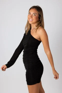 Vestido Asimétrico Drapeado Lúrex Negro