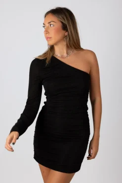 Vestido Asimétrico Drapeado Lúrex Negro