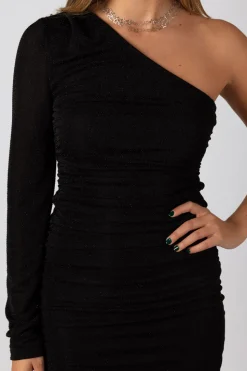 Vestido Asimétrico Drapeado Lúrex Negro